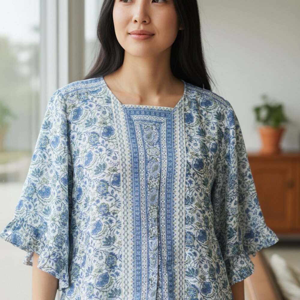 Cynthia‎ Rowley Women's Blue & White Floral Print Blouse Size IX - Picture 2 of 11